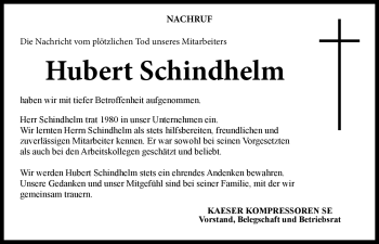Traueranzeige von Hubert Schindhelm von Neue Presse Coburg