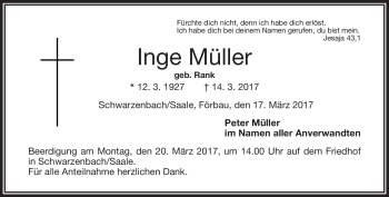 Traueranzeige von Inge Müller von Frankenpost
