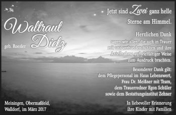 Traueranzeige von Waltraut Dietz von Südthüringer Presse