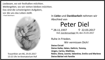 Traueranzeige von Peter Diel von Frankenpost
