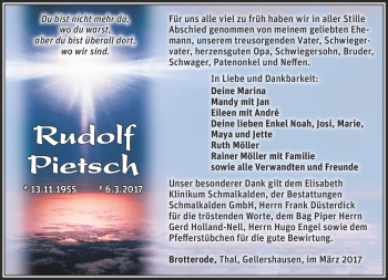 Traueranzeige von Rudolf Pietsch von Südthüringer Presse