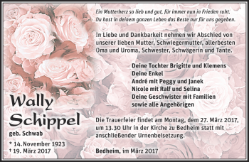 Traueranzeige von Wally Schippel von Südthüringer Presse