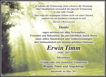 Traueranzeige von Erwin Timm von Südthüringer Presse