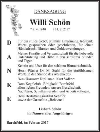 Traueranzeige von Willi Schön von Südthüringer Presse