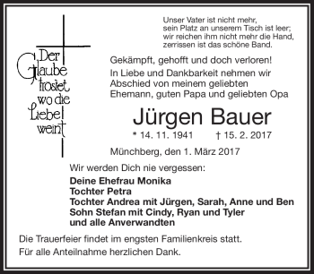 Traueranzeige von Jürgen Bauer von Frankenpost