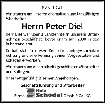 Traueranzeige von Peter Diel von Frankenpost