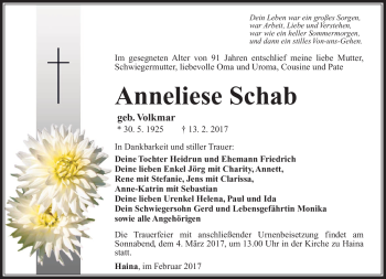 Traueranzeige von Anneliese Schab von Südthüringer Presse