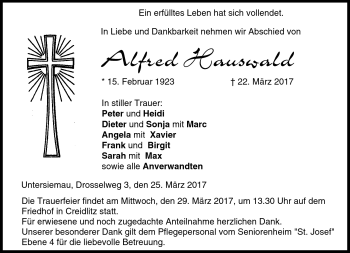Traueranzeige von Alfred Hauswald von Neue Presse Coburg