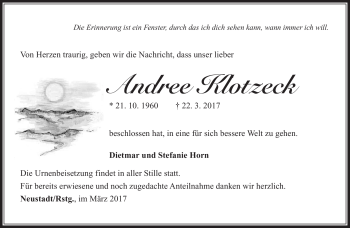 Traueranzeige von Andree Klotzeck von Südthüringer Presse