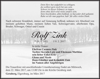 Traueranzeige von Rolf Zink von Südthüringer Presse