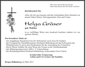 Traueranzeige von Helga Gräser von Südthüringer Presse