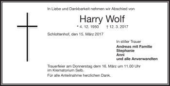Traueranzeige von Harry Wolf von Frankenpost