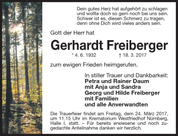 Traueranzeige von Gerhardt Freiberger von Frankenpost