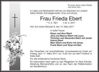 Traueranzeige von Frieda Ebert von Frankenpost