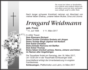 Traueranzeige von Irmgard Weidmann von Südthüringer Presse