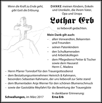 Traueranzeige von Lothar Erb von Südthüringer Presse