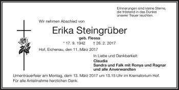 Traueranzeige von Erika Steingrüber von Frankenpost