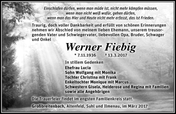 Traueranzeige von Werner Fiebig von Südthüringer Presse