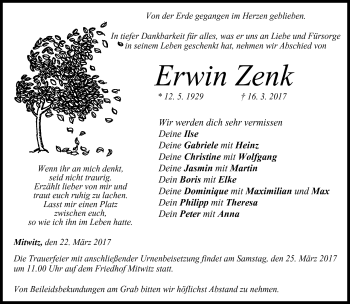 Traueranzeige von Erwin Zenk von Neue Presse Coburg