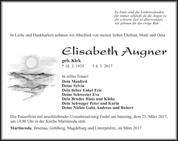 Traueranzeige von Elisabeth Augner von Südthüringer Presse
