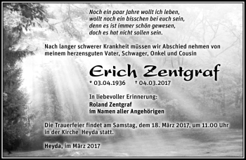 Traueranzeige von Erich Zentgraf von Südthüringer Presse
