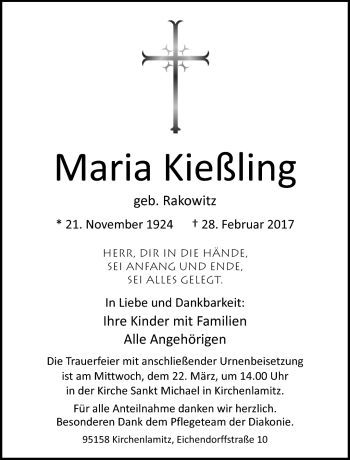 Traueranzeige von Maria Kießling von Frankenpost