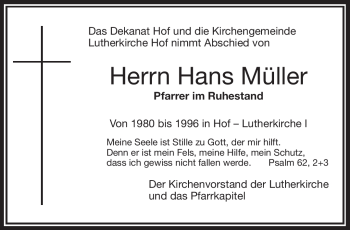 Traueranzeige von Hans Müller von Frankenpost