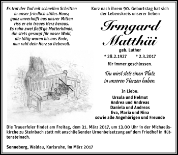 Traueranzeige von Irmgard Matthäi von Südthüringer Presse