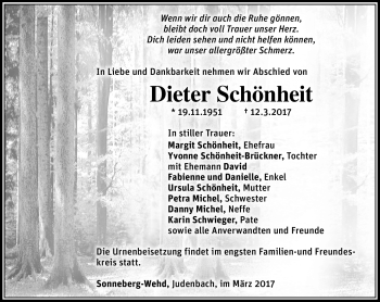 Traueranzeige von Dieter Schönheit von Südthüringer Presse