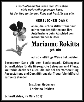 Traueranzeige von Mariann Roitta von Südthüringer Presse