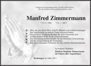 Traueranzeige von Manfred Zimmermann von Südthüringer Presse