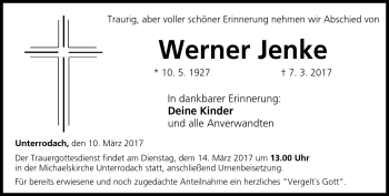 Traueranzeige von Werner Jenke von Neue Presse Coburg