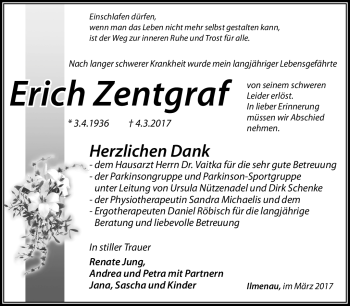 Traueranzeige von Erich Zentgraf von Südthüringer Presse