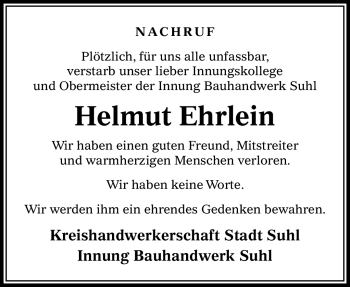 Traueranzeige von Helmut Ehrlein von Südthüringer Presse