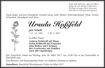 Traueranzeige von Ursula Hoßfeld von Südthüringer Presse