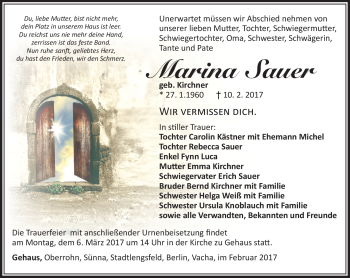 Traueranzeige von Marina Sauer von Südthüringer Presse