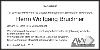 Traueranzeige von Wolfgang Bruchner von Frankenpost