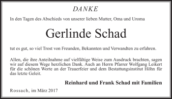 Traueranzeige von Gerlinde Schad von Neue Presse Coburg