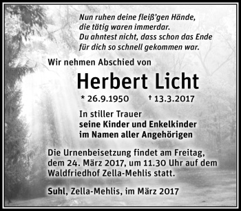 Traueranzeige von Herbert Licht von Südthüringer Presse