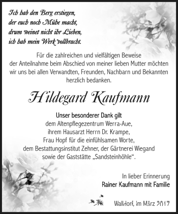 Traueranzeige von Hildegard Kaufmann von Südthüringer Presse