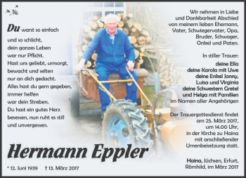 Traueranzeige von Hermann Eppler von Südthüringer Presse