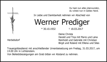 Traueranzeige von ^Werner Prediger von Neue Presse Coburg