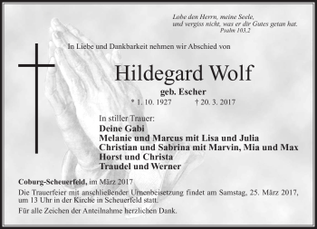 Traueranzeige von Hildegard Wolf von Neue Presse Coburg