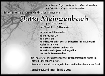 Traueranzeige von Jutta Meinzenbach von Südthüringer Presse