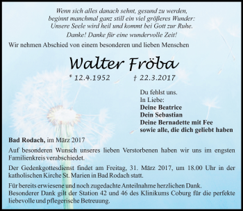 Traueranzeige von Walter Fröba von Neue Presse Coburg