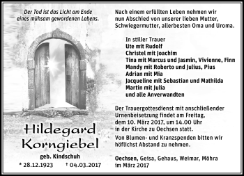 Traueranzeige von Hildegard Korngiebel von Südthüringer Presse
