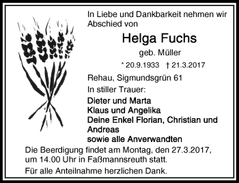 Traueranzeige von Helga Fuchs von Frankenpost