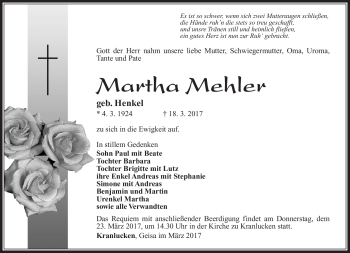 Traueranzeige von Martha Mehler von Südthüringer Presse