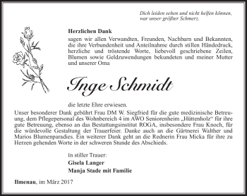 Traueranzeige von Inge Schmidt von Südthüringer Presse