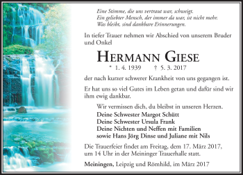 Traueranzeige von Hermann Giese von Südthüringer Presse